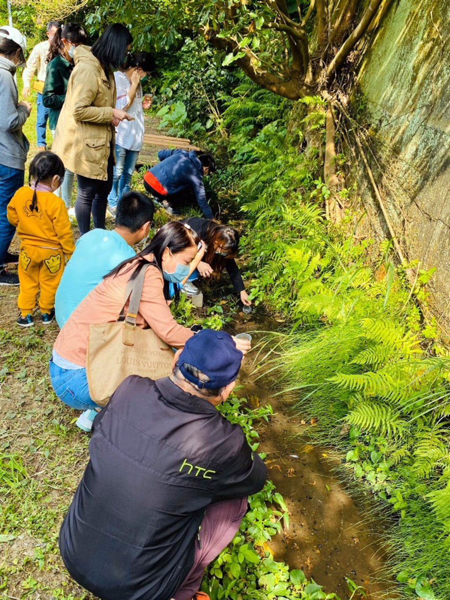 龍壽里民眾與現場人員一同野放螢火蟲幼蟲至野溪中。