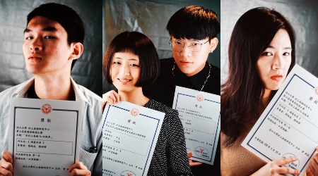 龍華科大PBL影視專班林楷峰(右)及王筱晴，由文創系張仁礦老師指導，囊括第五屆村上春樹多國語言朗讀競賽冠亞軍。