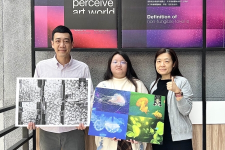 龍華科大文創系學生楊羿涵(中)、老師洪睿杰(左)，榮獲2025美國繆思攝影大獎金、銀獎。