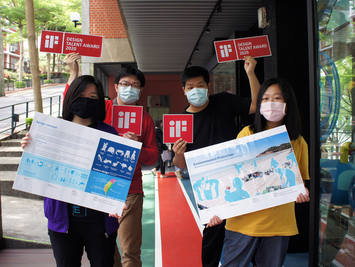 龍華科大文創系黃詳崴、陸苡瑄、黃文怡,由林念鞍(左2)指導,以「Environmental Protection」,獲2020德國iF設計新秀獎。
