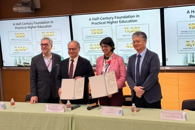 龍華科技大學與美國亞利桑那西部學院簽署合作備忘錄。左起為美國在台協會(AIT)文化新聞組組長馬佩哲(Matthew Cenzer)、龍華科技大學校長葛自祥、亞利桑那西部學院校長Reetika Dhawan及教育部政務次長劉國偉。